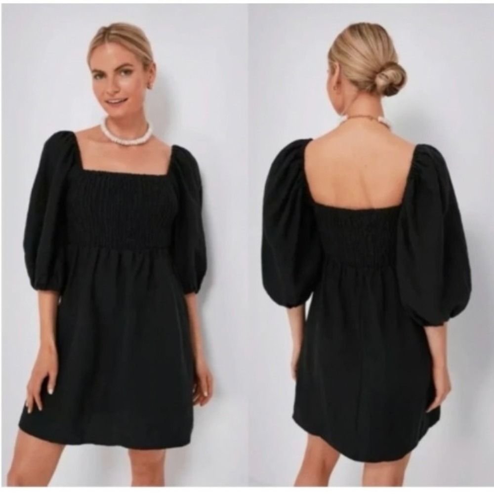 Tuckernuck Black 100% Linen Smocked Puff Sleeve Square Neck Mini Dress Size XS